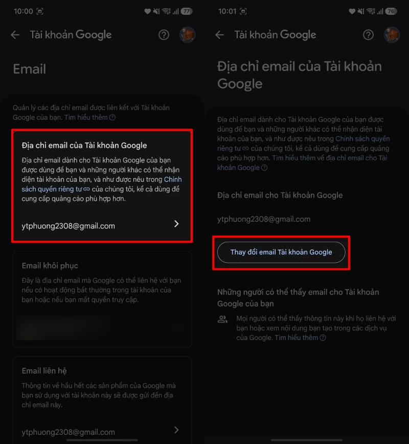 Nhấn vào Địa chỉ email của Tài khoản Google.